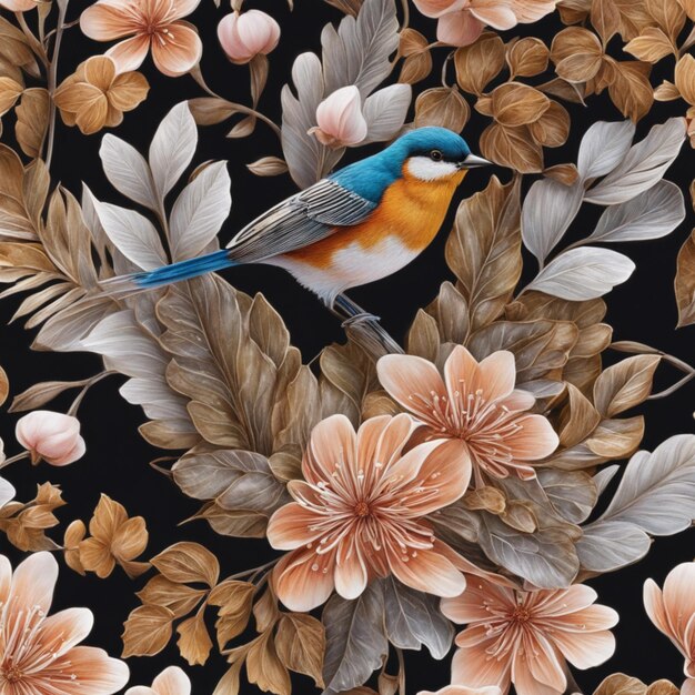 colorful birds flowers and autumn leaves pattern