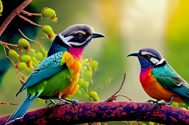 色とりどりの鳥が枝の上に座っている