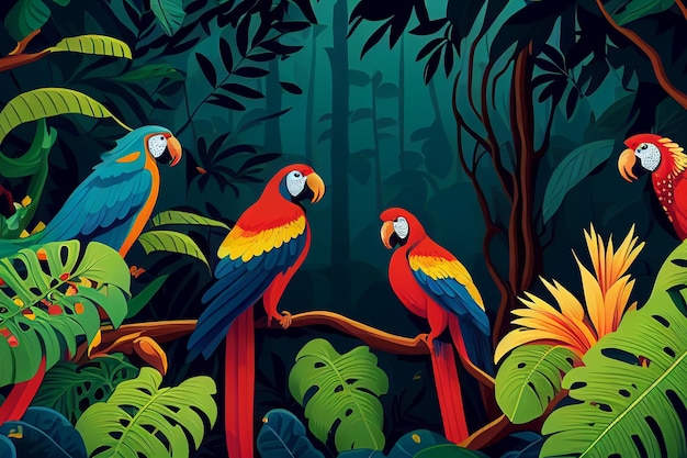 Colorful birds in the jungle vector art illustration