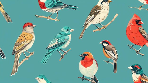 Photo colorful birds perched on branches against a teal background