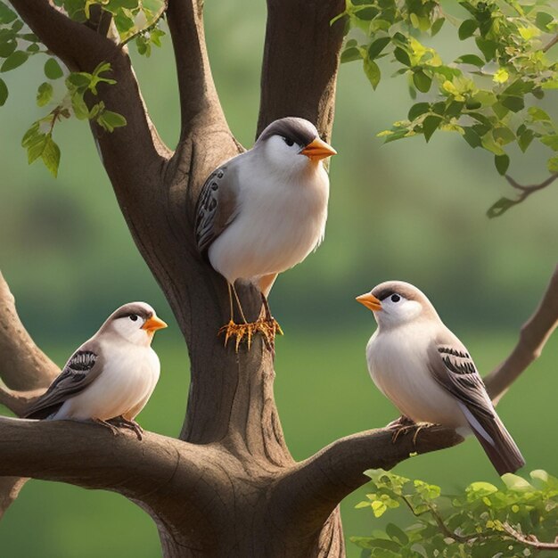 Photo colorful birds sit on branches of the tree