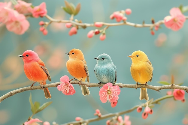 Colorful birds sitting on spring tree branch with pink flowers