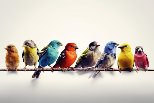 Foto uccelli colorati seduti su un filo isolato su uno sfondo bianco generativo ai