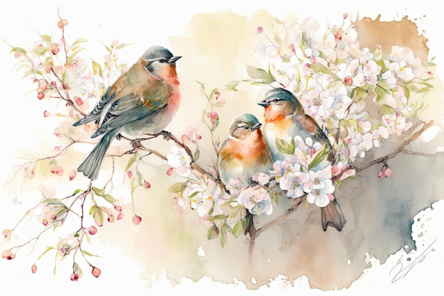 Photo colorful birds on stick blooming tree with flower in watercolor design artistic