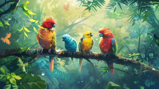 Photo colorful birds with a forest background