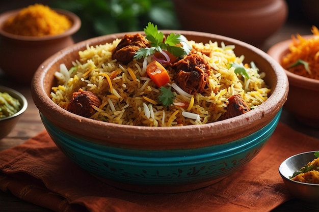 Photo colorful biriyani served in a terracotta plate