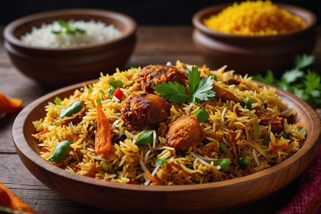 Colorful biriyani served in a wooden plate