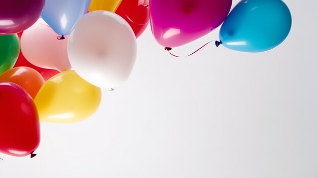 Colorful birthday balloons floating above the ground after the party on a white background