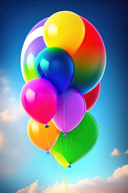 다채로운 생일 풍선이 파란 하늘을 날아다니며 헤리움 축제를 떠다니고 있습니다.