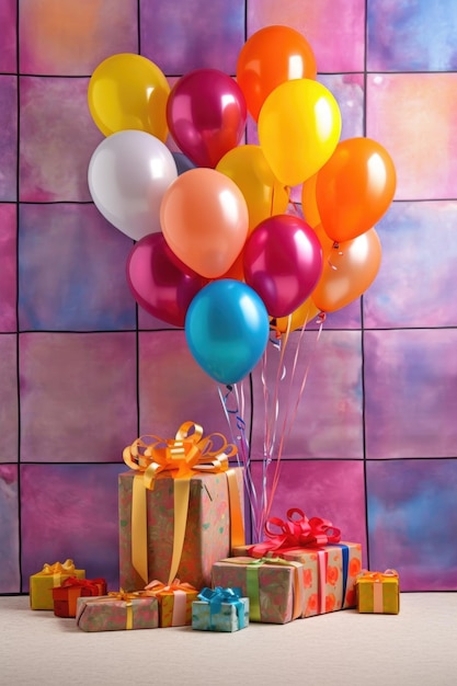 Colorful birthday balloons tied to a gift box created with generative ai