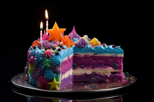 Colorful birthday cake on black background