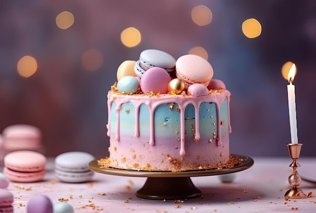 A colorful birthday cake on pastel background