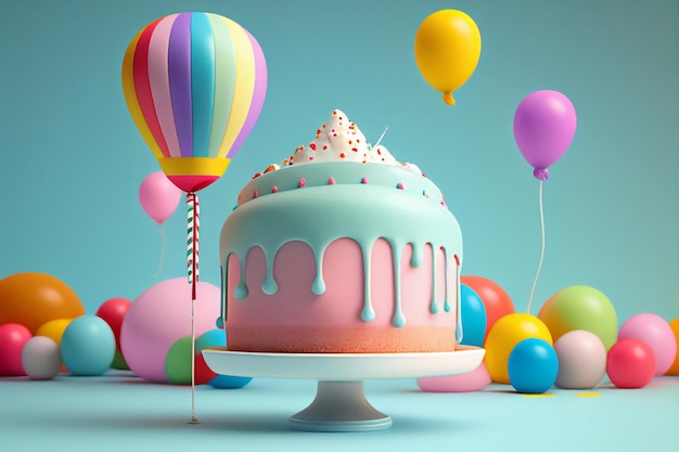 Colorful Birthday cake with balloons 3d illustration generative ai