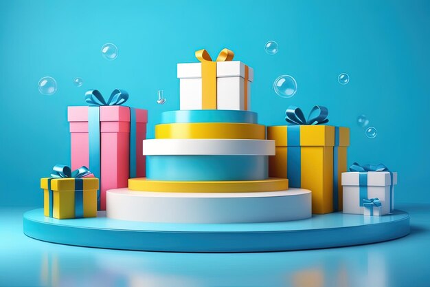 A colorful birthday cake with a blue background and colorful boxes