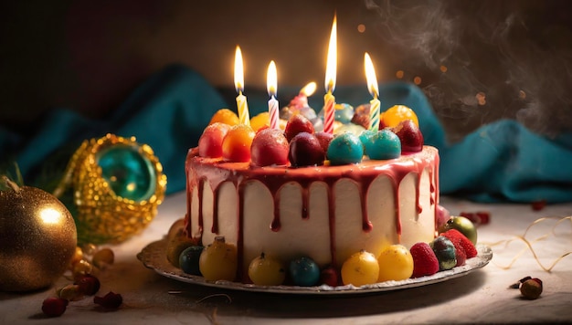 Colorful birthday cake with burning candles