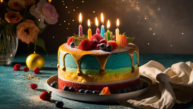 Colorful birthday cake with burning candles