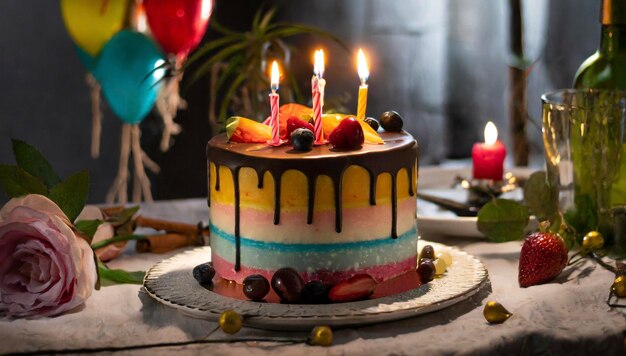 Colorful birthday cake with burning candles