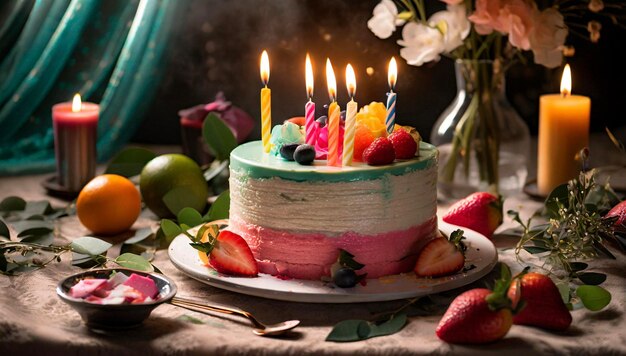 Colorful birthday cake with burning candles