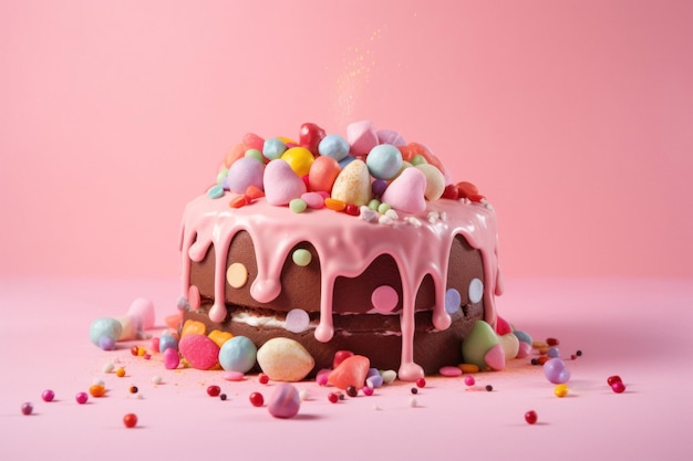 Colorful Birthday Cake with Frosting and Candy on Pastel Pink Background