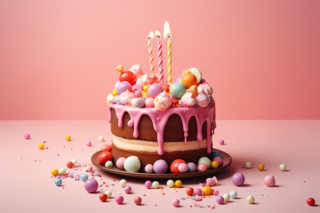 Colorful Birthday Cake with Frosting and Candy on Pastel Pink Background