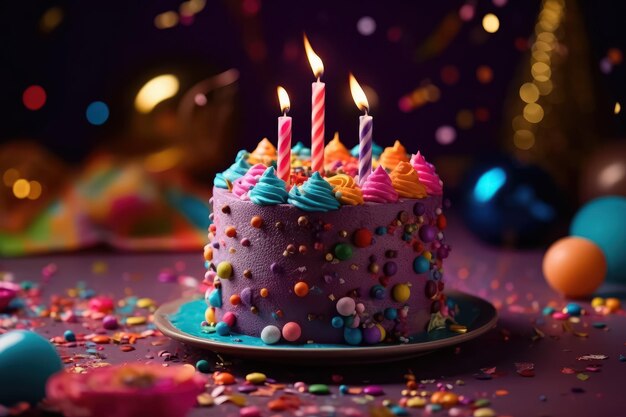 Colorful birthday cake with sprinkles and burning candles Festive birthday party generative AI