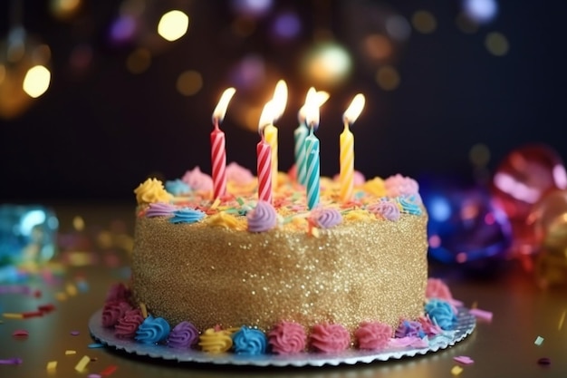 Colorful birthday cake with sprinkles and burning candles and festive caps on the sparkling gold