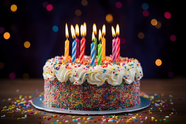 스프링클과 불타는 불이 있는 다채로운 생일 케이크