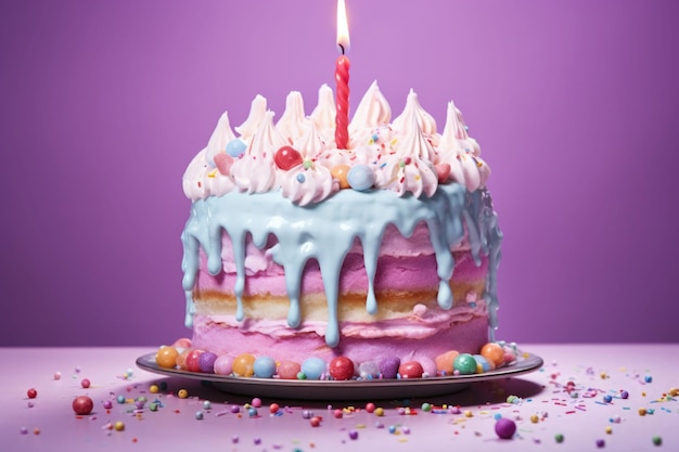 Colorful birthday cake with sprinkles and candles Generative AI illustration