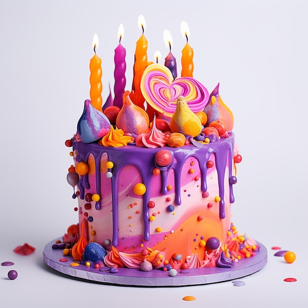 Colorful birthday cake with sprinkles and candles