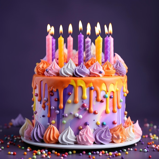 Colorful birthday cake with sprinkles and candles