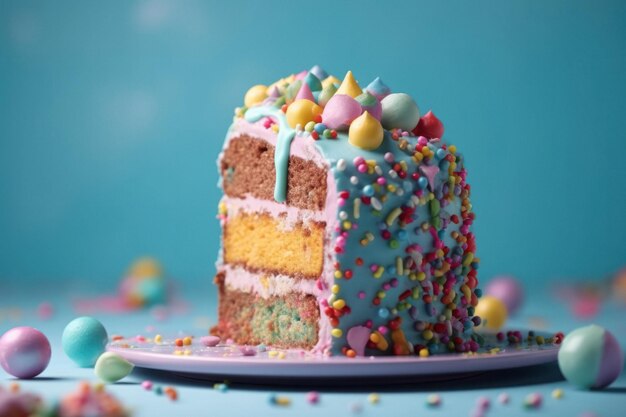 Красочный торт ко дню рождения с брызгами на пастельно-голубом фоне