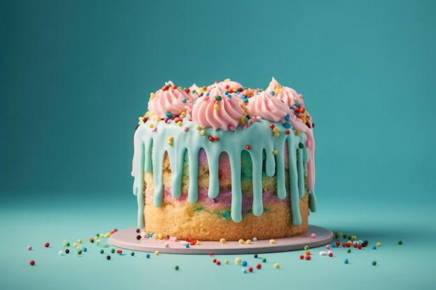 Colorful Birthday Cake with Sprinkles on Pastel Blue Background