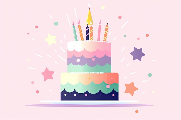 Colorful birthday cake with stars confetti celebration backdropwith copy space