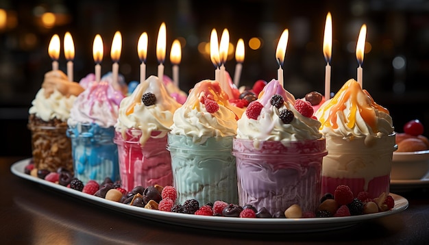 A colorful birthday cake with whipped cream berries and candles generated by artificial intelligence