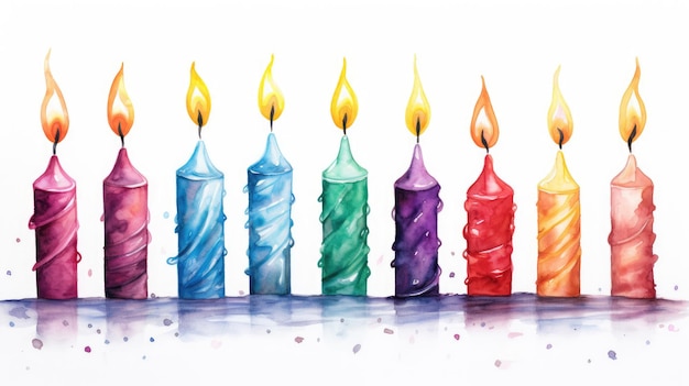 Photo colorful birthday candles watercolor illustration on white background