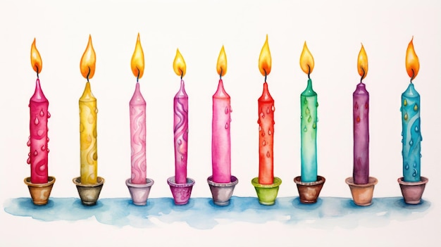 Photo colorful birthday candles watercolor illustration on white background