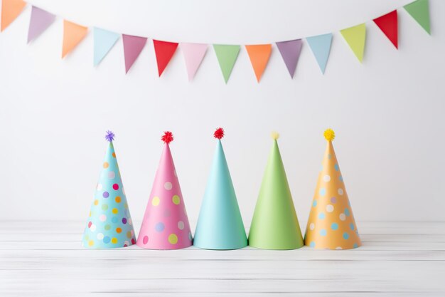 Colorful birthday caps and paper flags on white wooden background