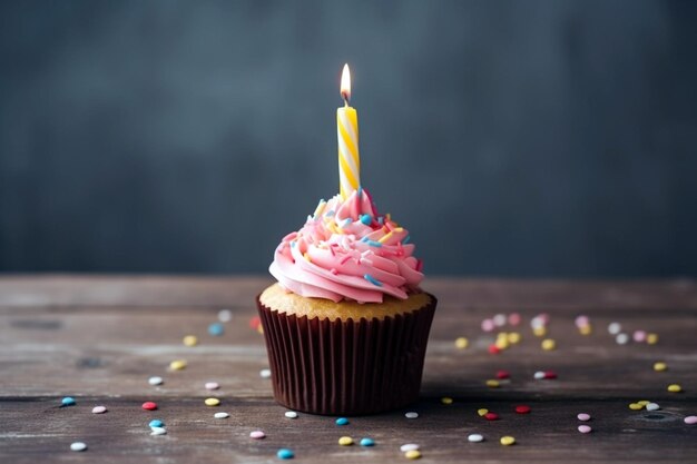 Colorful birthday cupcake with candles