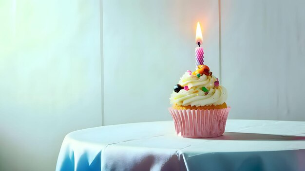 A colorful birthday cupcake with one candle