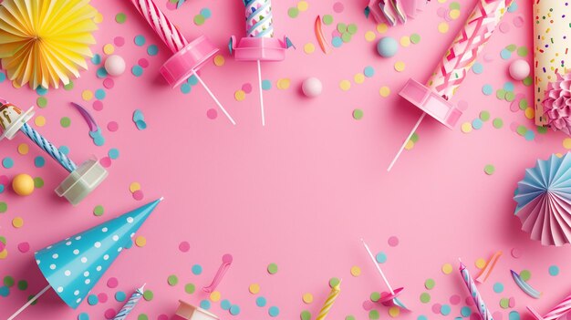 Colorful birthday party background with various decorations scattered on a pink surface