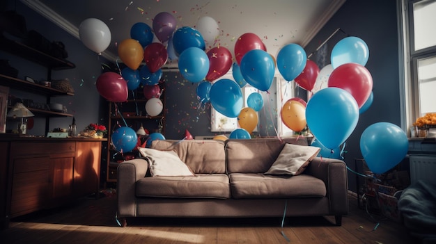 Colorful birthday party balloons in the living room