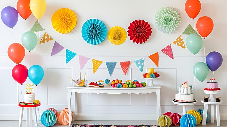 Photo colorful birthday party decoration with balloons cake and paper decorations