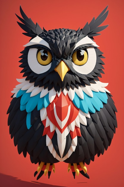 Colorful Black owl on a red background