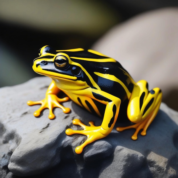 Photo colorful black and yellow frog sitting on a rock