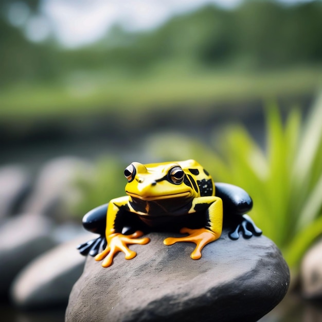 Photo colorful black and yellow frog sitting on a rock