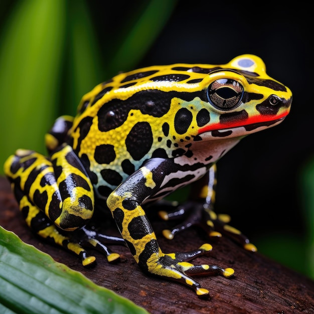 colorful black and yellow frog sitting on a rock