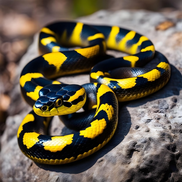 Photo colorful black and yellow snake sitting on a rock aigenerated