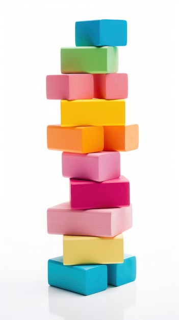 Colorful blocks stacked high in a tower ready to topple isolated