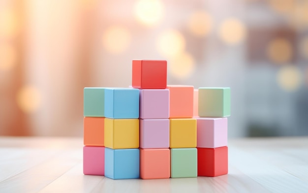 Colorful blocks stacked on a table in a playful arrangement