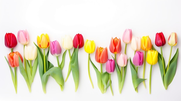 Colorful blooming tulips with flower stems and flower buds on white background colorful tulips